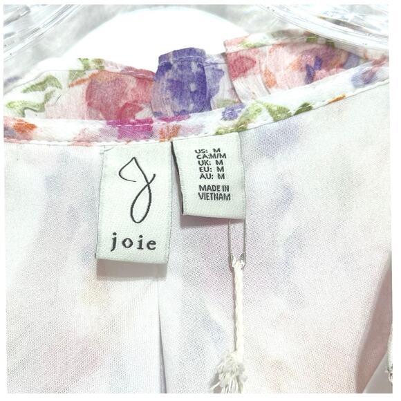 JOIE Floral Blouse Medium 8-10 Tie V-Neck  Sheer Sleeve Smocked Cuff Pink Purple - Picture 11 of 13